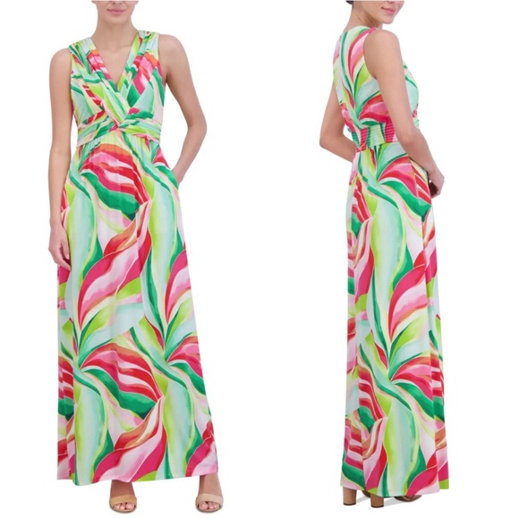 Jessica Howard Multicolor Print Maxi Dress Women size 14 Stretch Beachy Pockets - Picture 1 of 10